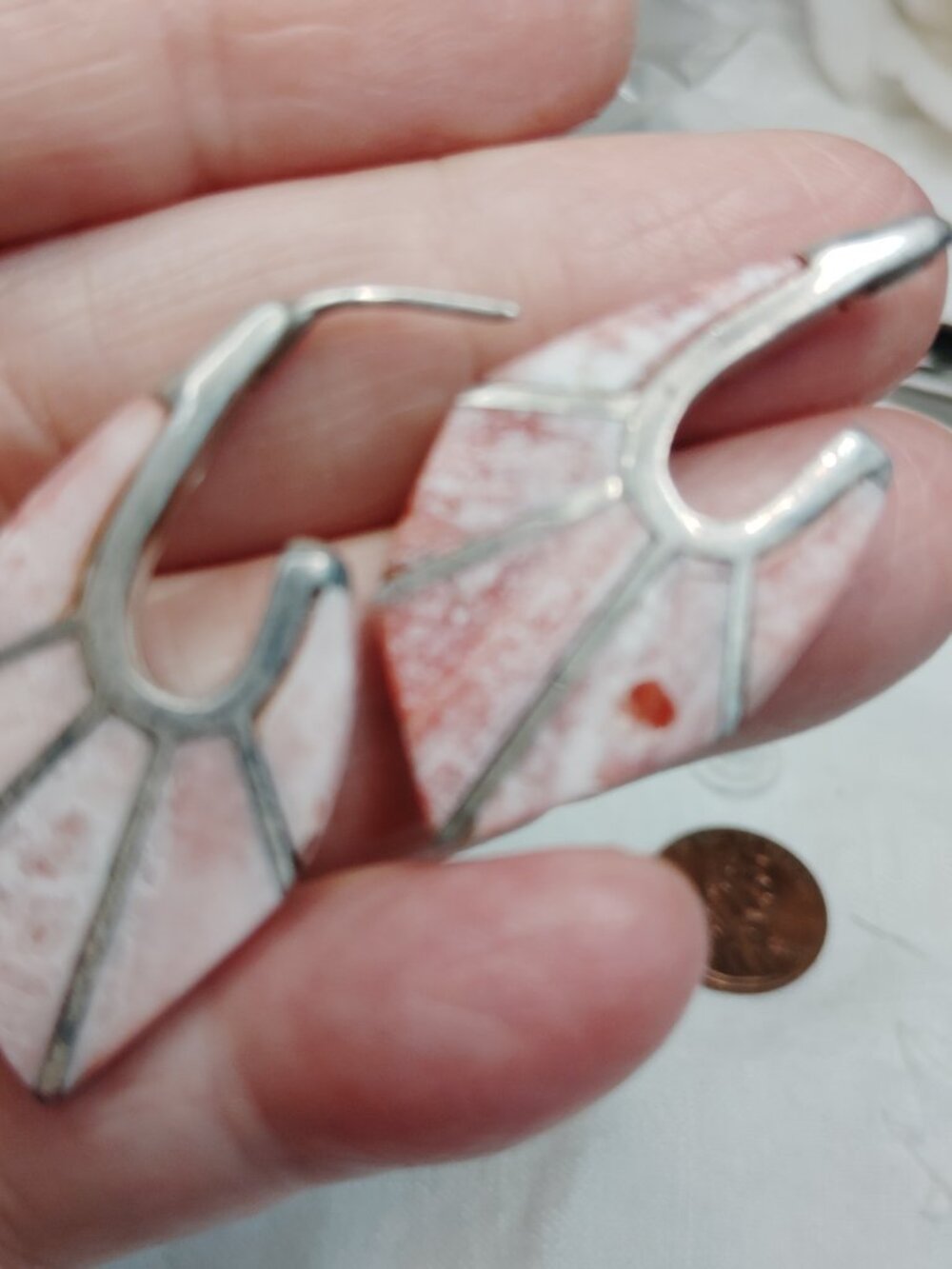 Sterling Silver Pink Stone Inlay Earrings – Geometric Artisan 1.5" Drop - Picture 5 of 7
